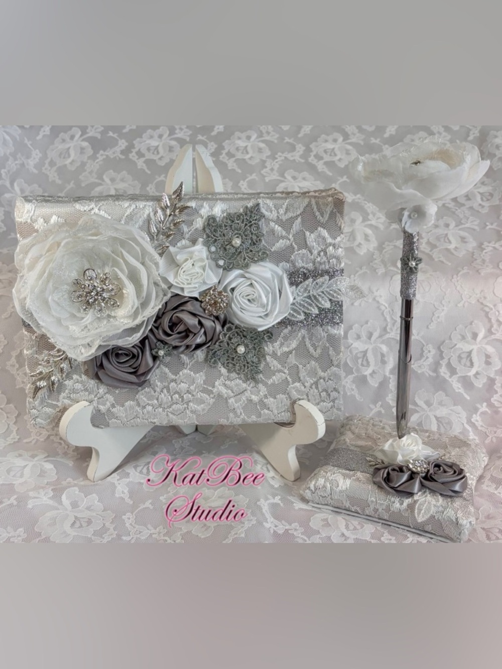 🩶 Handmade Silver Grey and White Guest Book and Pen Set